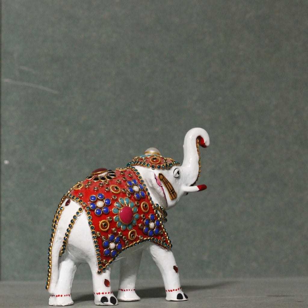 Handicraft Home Decor Marble Gajlaxmi Elephant Pair for Home Decor | Designer Marble Showpiece Elephants Pair with Unique Golden Work (3 inch)