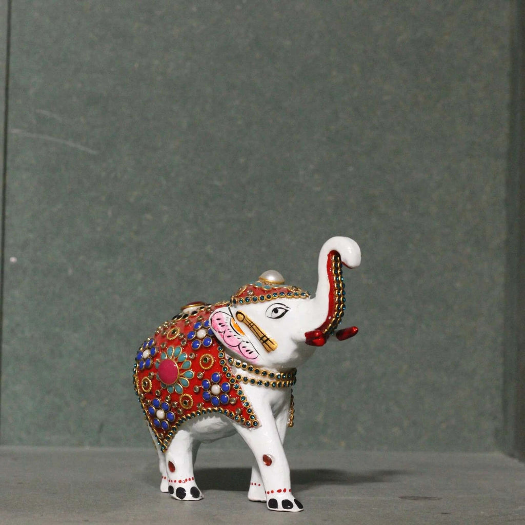 Handicraft Home Decor Marble Gajlaxmi Elephant Pair for Home Decor | Designer Marble Showpiece Elephants Pair with Unique Golden Work (3 inch)