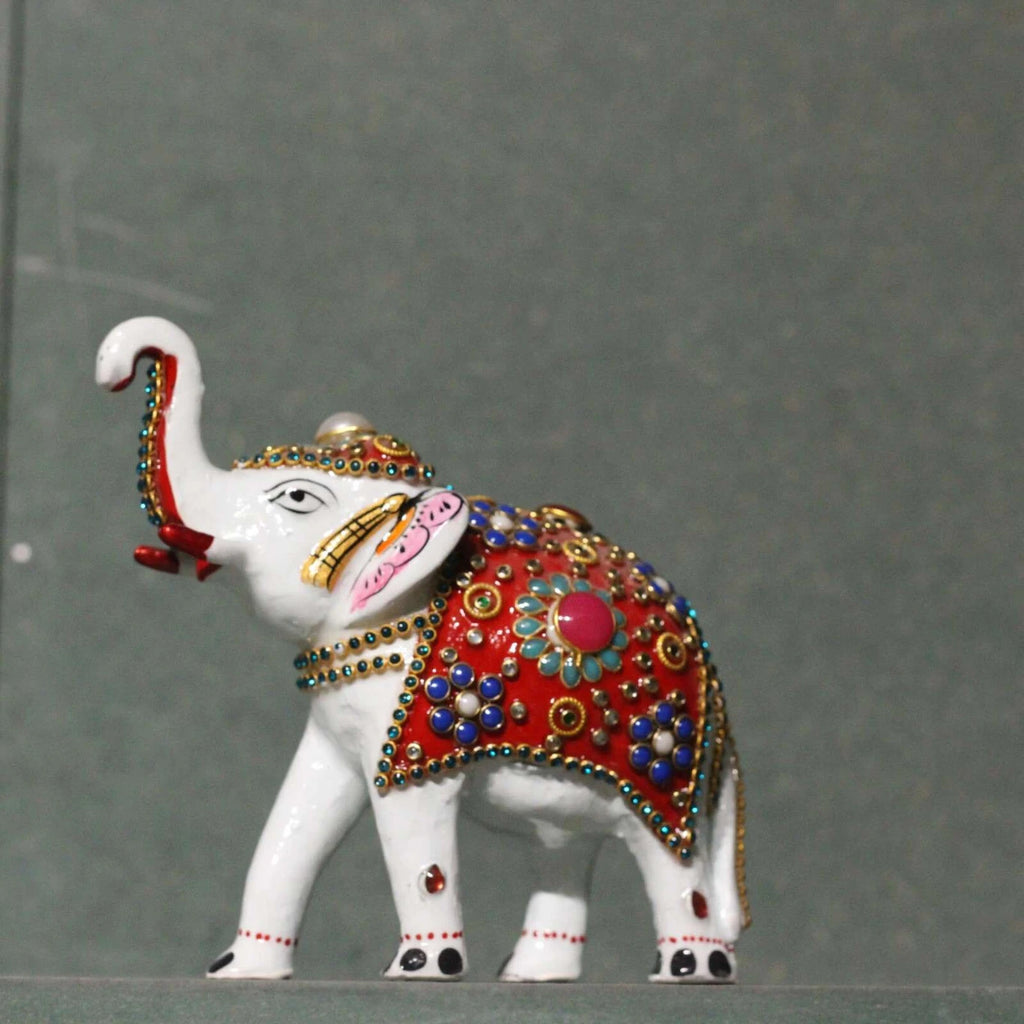 Handicraft Home Decor Marble Gajlaxmi Elephant Pair for Home Decor | Designer Marble Showpiece Elephants Pair with Unique Golden Work (3 inch)