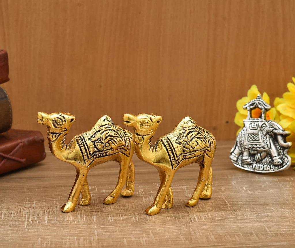Golden Metal Rajasthani Camel Showpiece Living Room Decor Gifts set of 1pc Decorative Showpiece  -  10.2 cm (Brass, Gold)